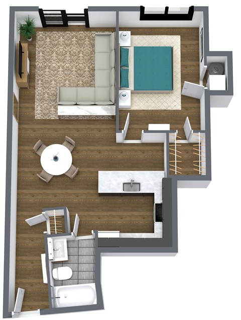 Floor plan for 1 bed, 1 bath, 730 sqft